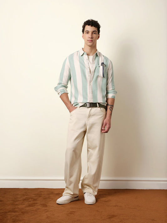 Green & Cream Woven Striped Flannel Regular Fit Casual Shirt