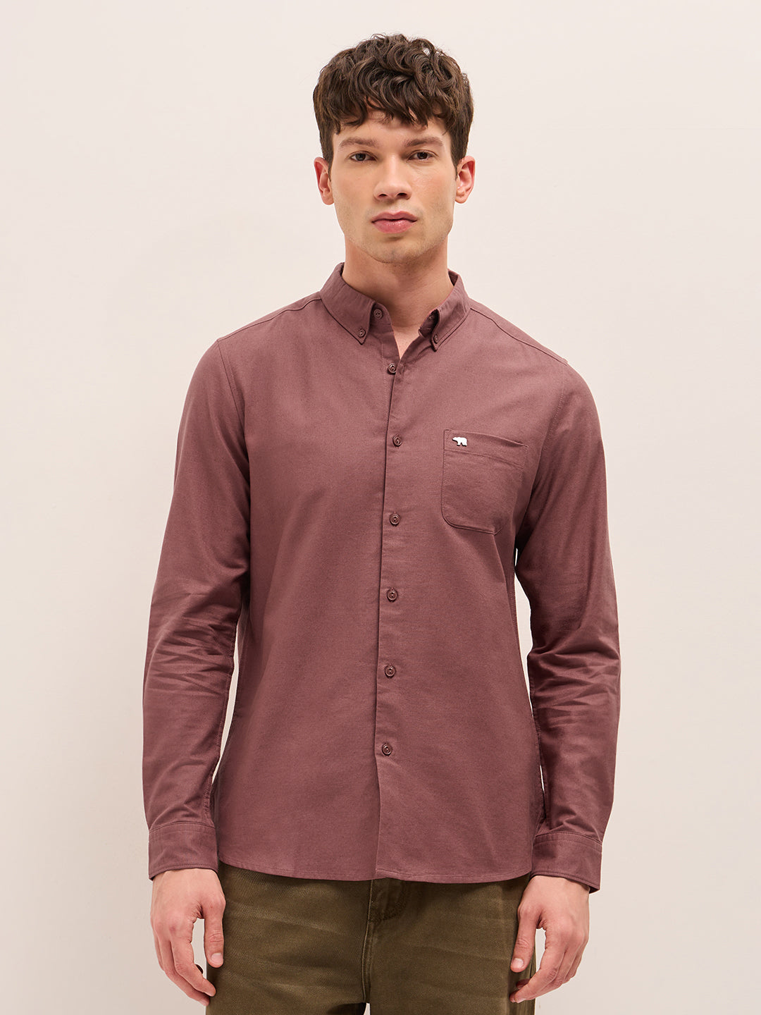 Rust Solid Cotton Slim Fit Casual Shirt with Button-Down Collar