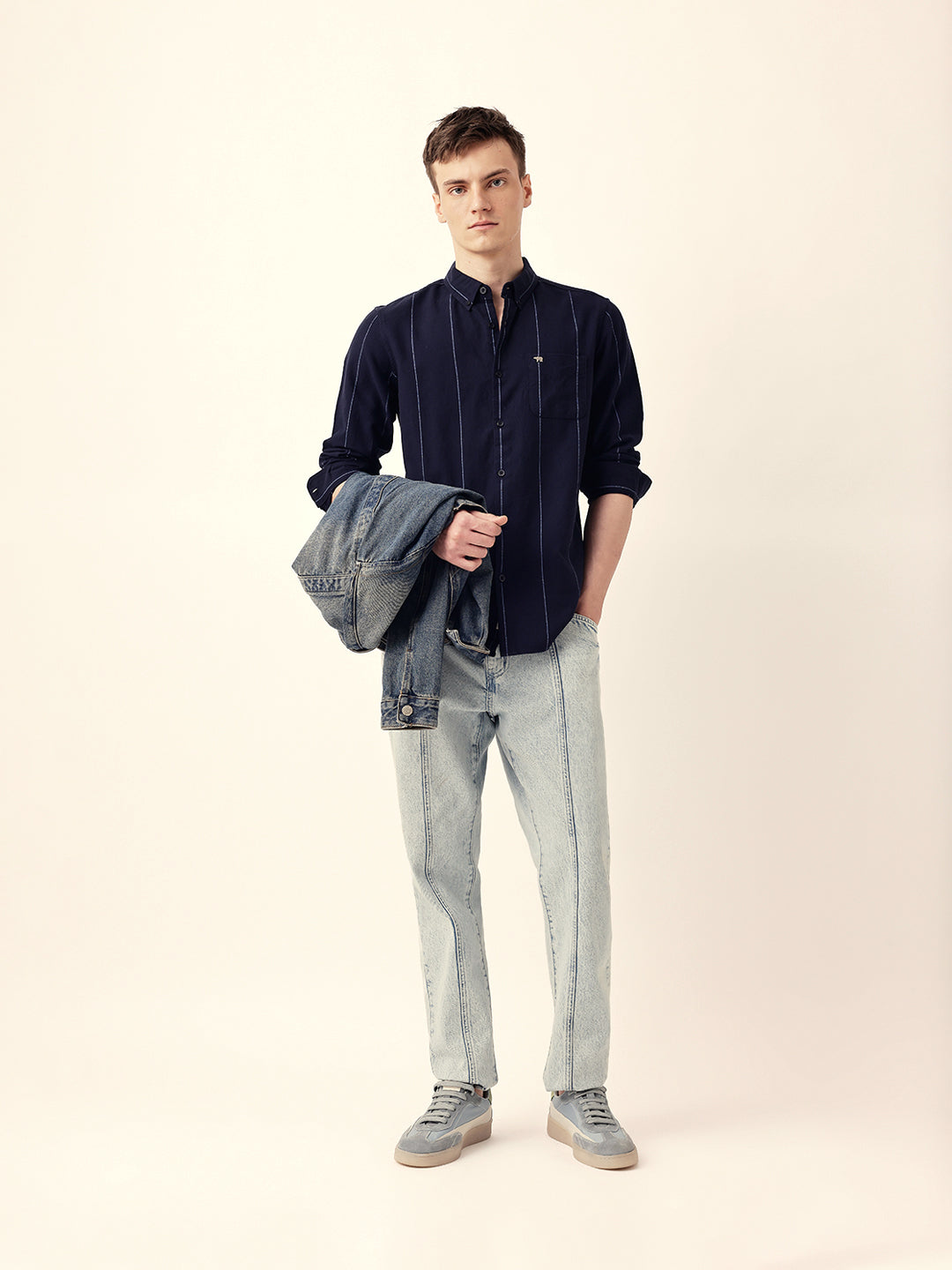 Navy Blue Woven Vertical Stripes Slim Fit Casual Shirt