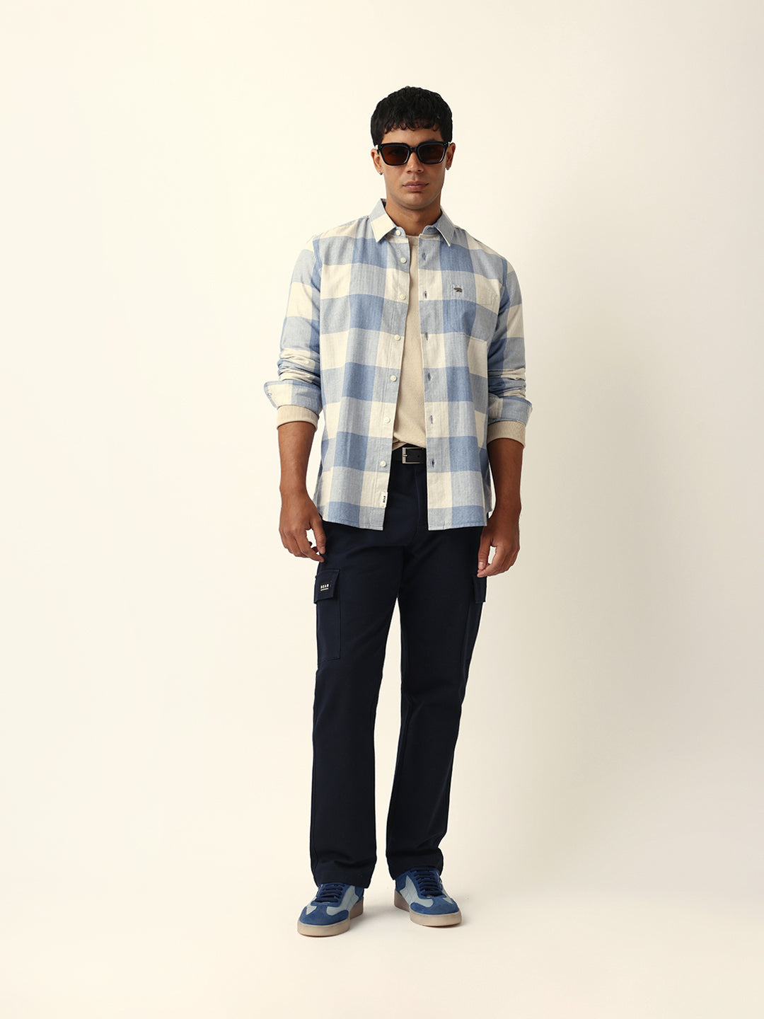 Blue with Cream Woven Checks Slim Fit Casual Shirt