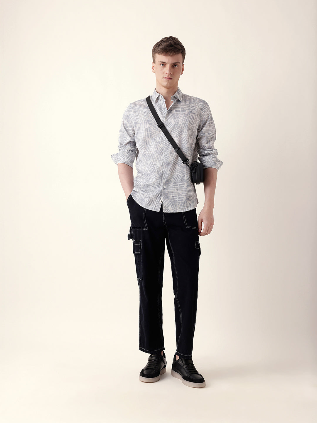 Grey Abstract Geometric Printed Slim Fit Casual Shirt