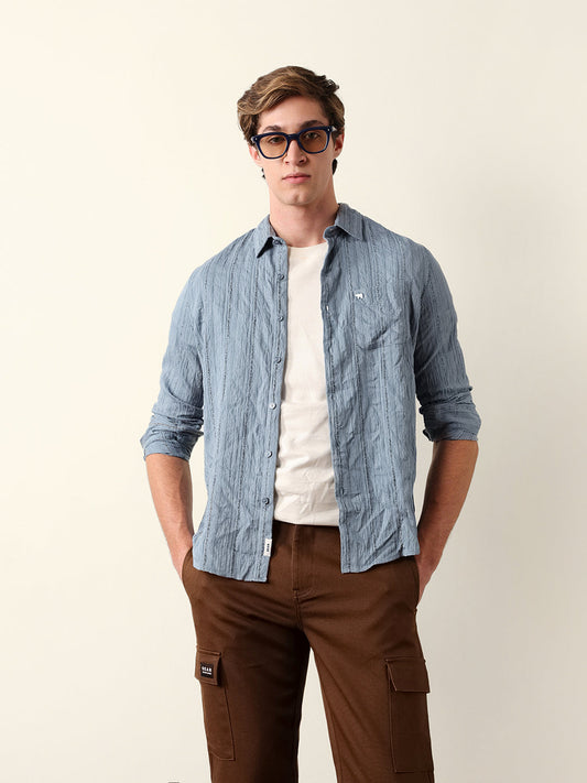 Blue Vertical Seersucker Pinstripe Slim Fit Casual Shirt