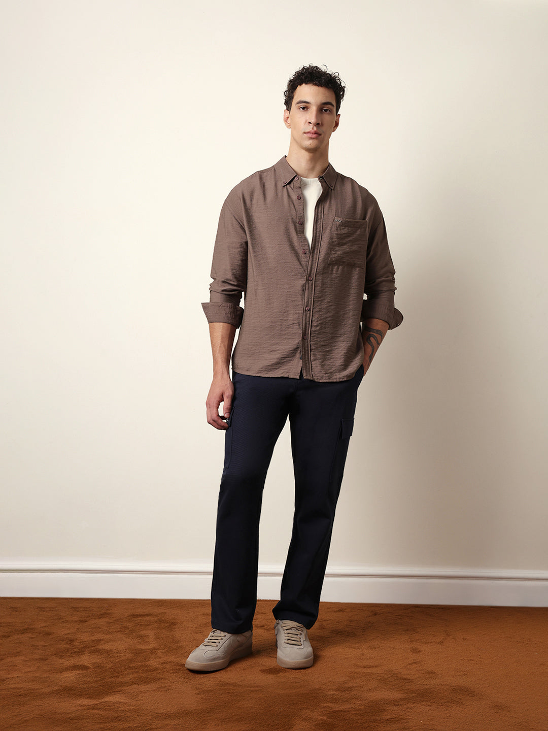 Brown Viscose Herringbone Design Relax Fit Casual shirt
