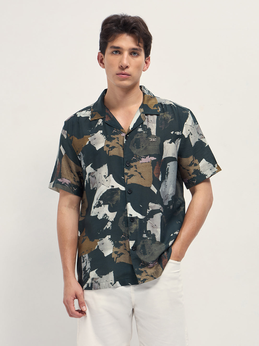 Dark Green Abstract Brush Stroke Print Relaxed Fit Cuban Collar Shirt