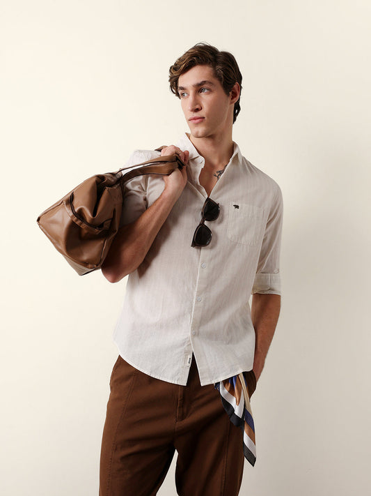 Beige Vertical Pinstripe Slim Fit Casual Shirt