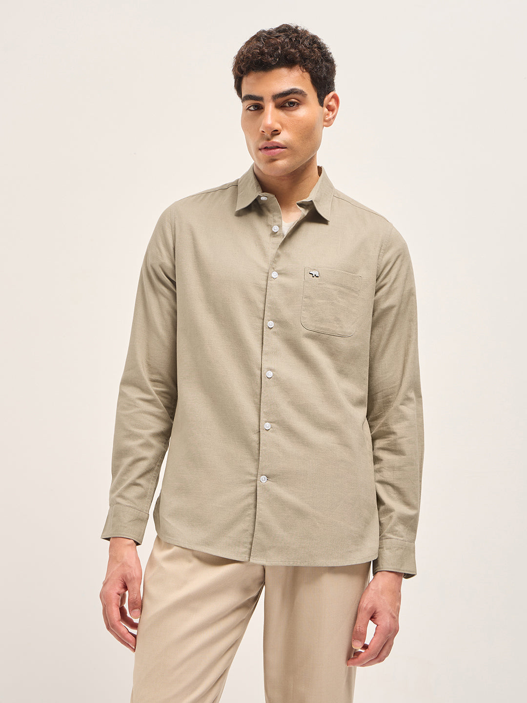 Beige Cotton Linen Slim Fit Solid Casual Shirt