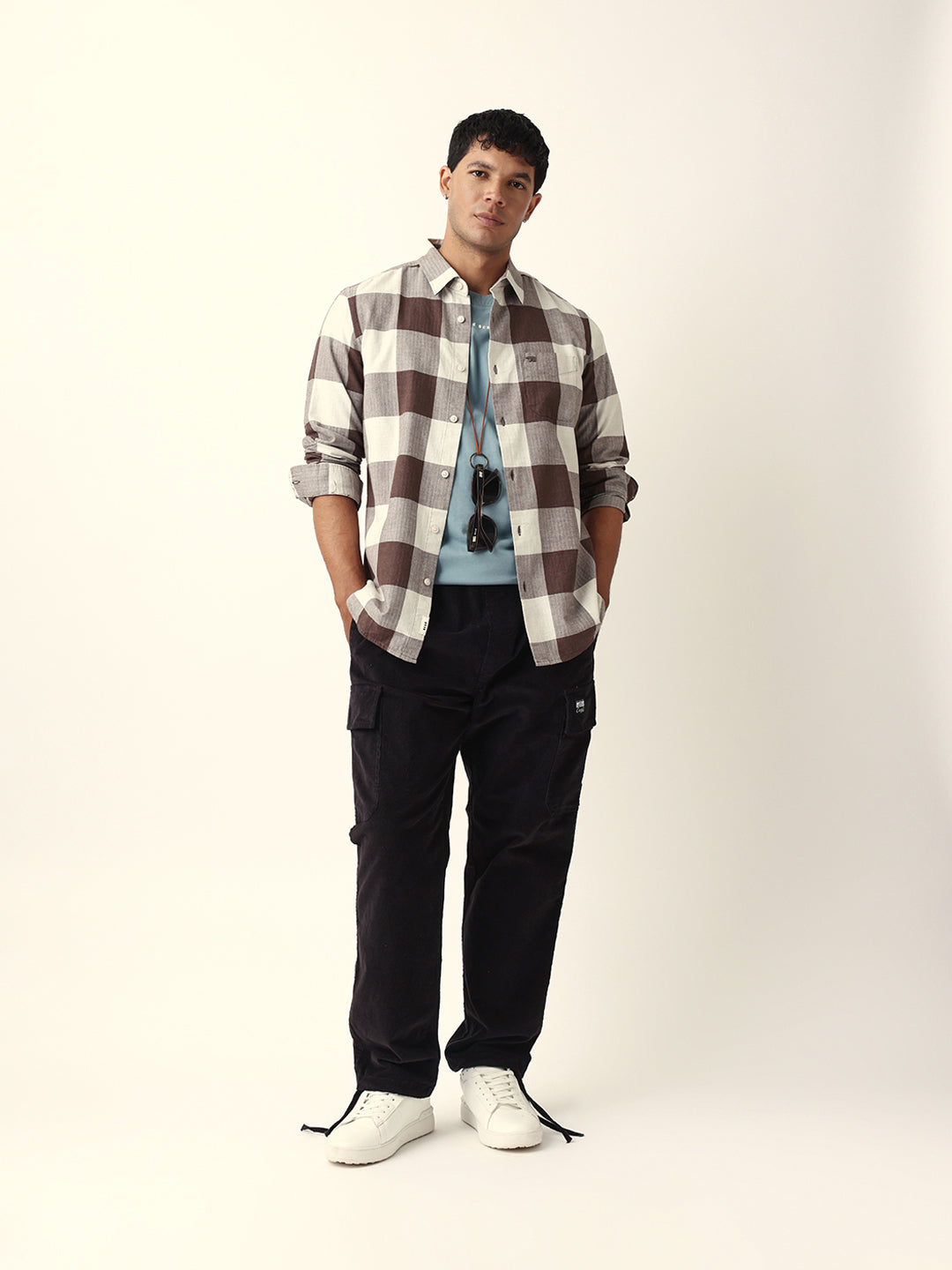 Brown with Cream Woven Checks Slim Fit Casual Shirt