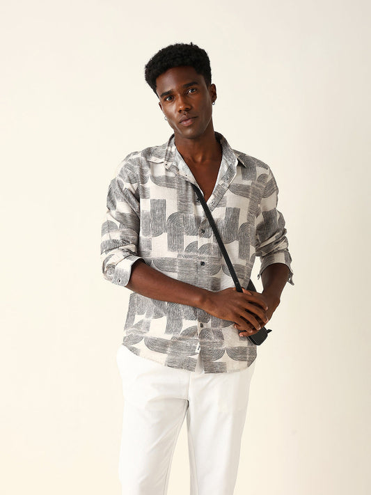Beige & Black Geometric Printed Regular Fit Casual Shirt