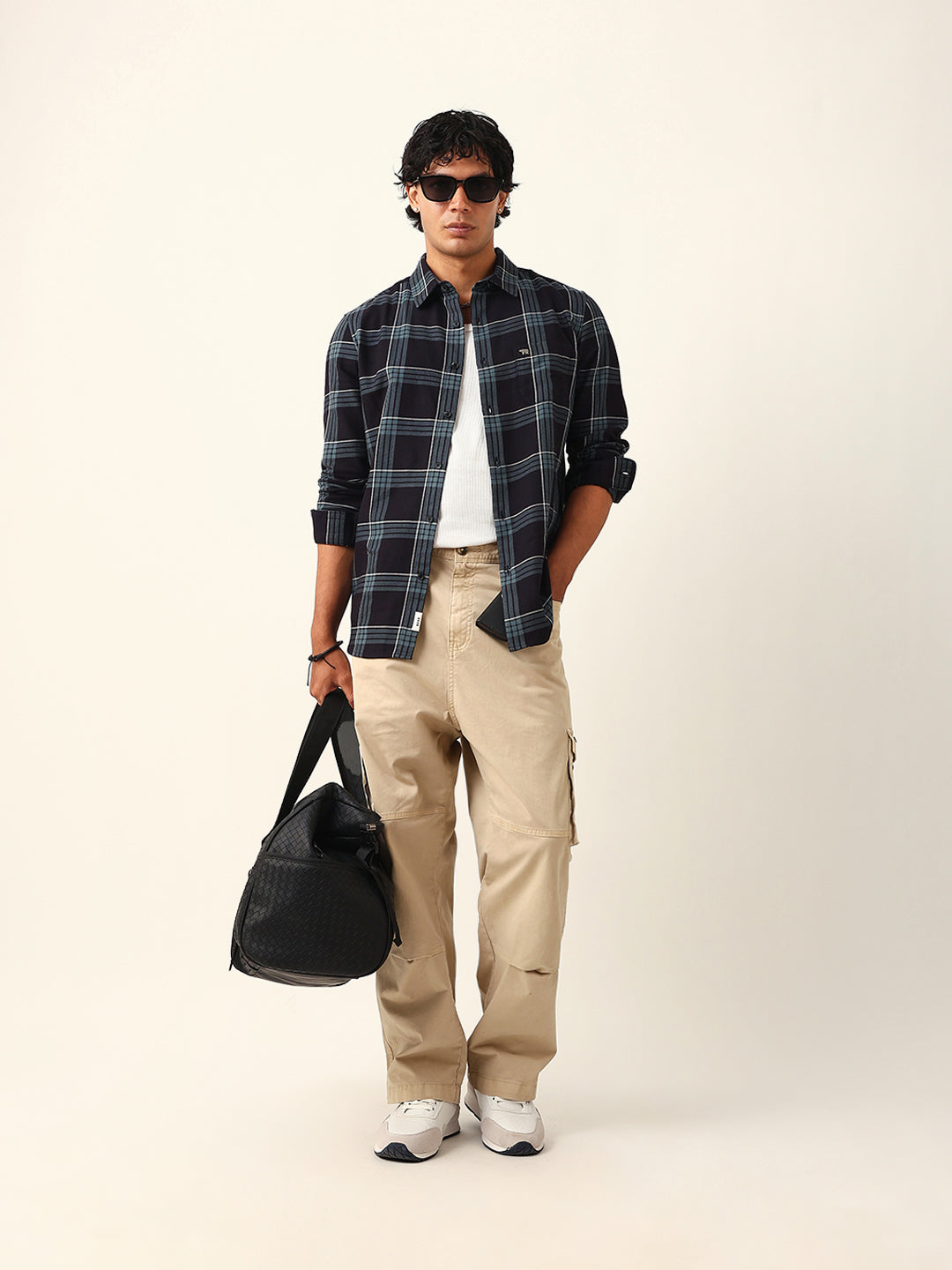 Black Woven Tartan Checked Slim Fit Casual Shirt