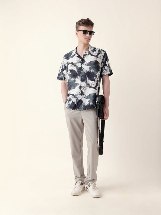 Black & Grey Bold Abstract Paint-Splash Printed Relaxed Fit Short Sleeve Shirt