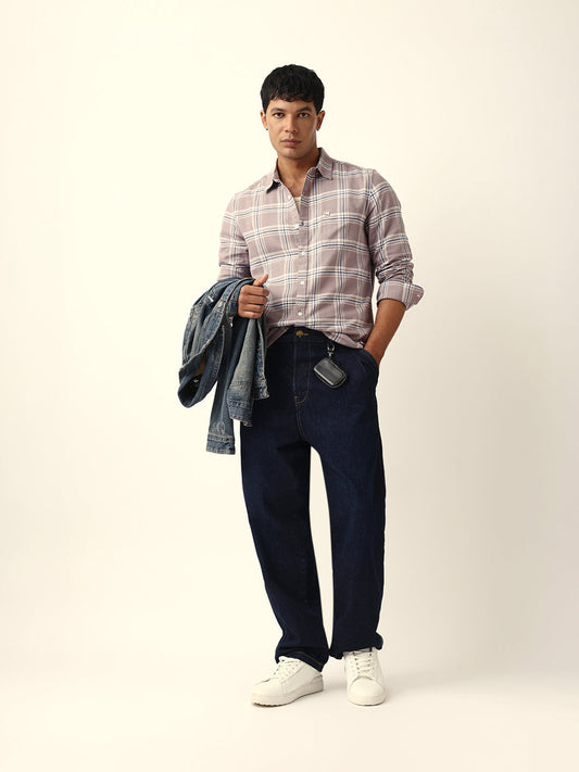 Light Brown Woven Tartan Checked Slim Fit Casual Shirt