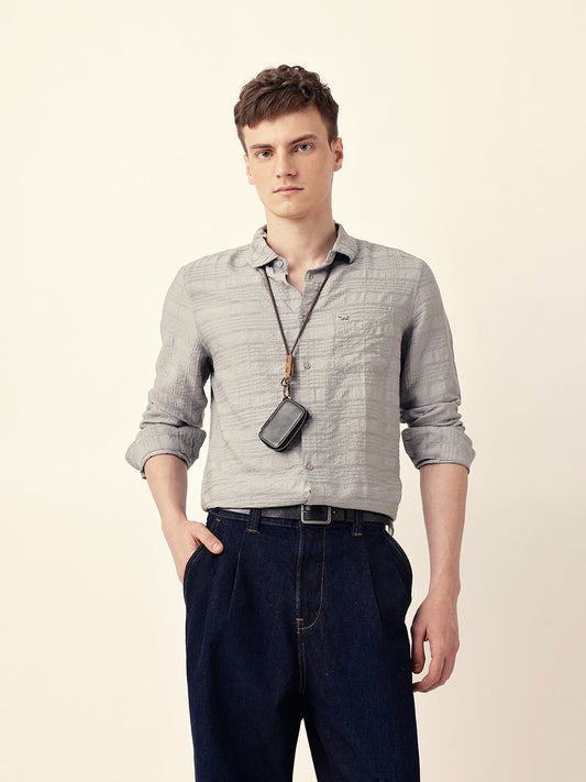 Grey Slim Fit Casual Shirt with Woven Textured Check Design