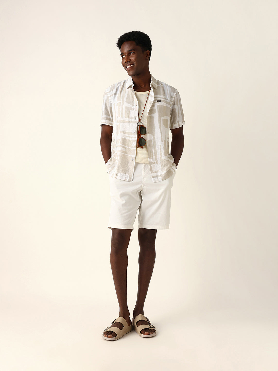 White & Beige Relaxed Fit Abstract Stroke Print Half Sleeve Casual Shirt