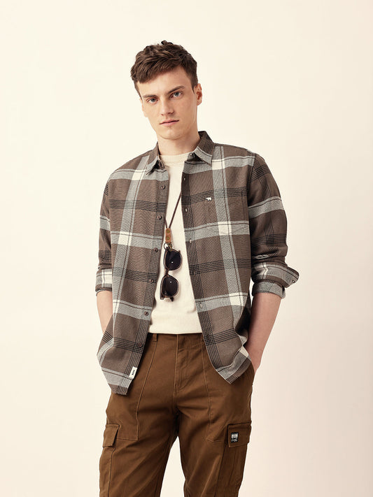 Brown Woven Check Slim Fit Casual Shirt