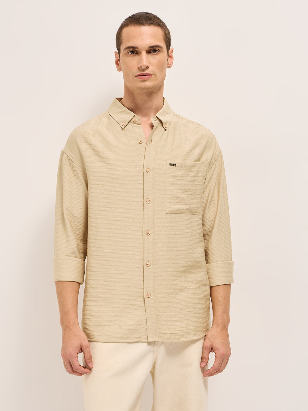 Cream Viscose Herringbone Design Relax Fit Casual shirt