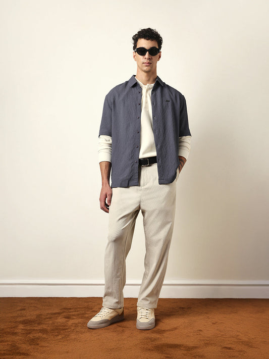Grey All-Over Textured Leaf Motif Oversized Shirt with Half Sleeves