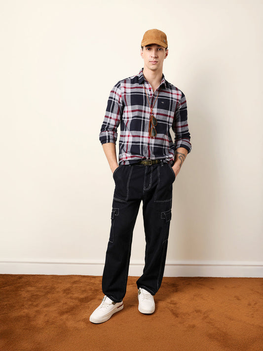 Navy Blue Herringbone Flannel Checked Regular Fit Casual Shirt
