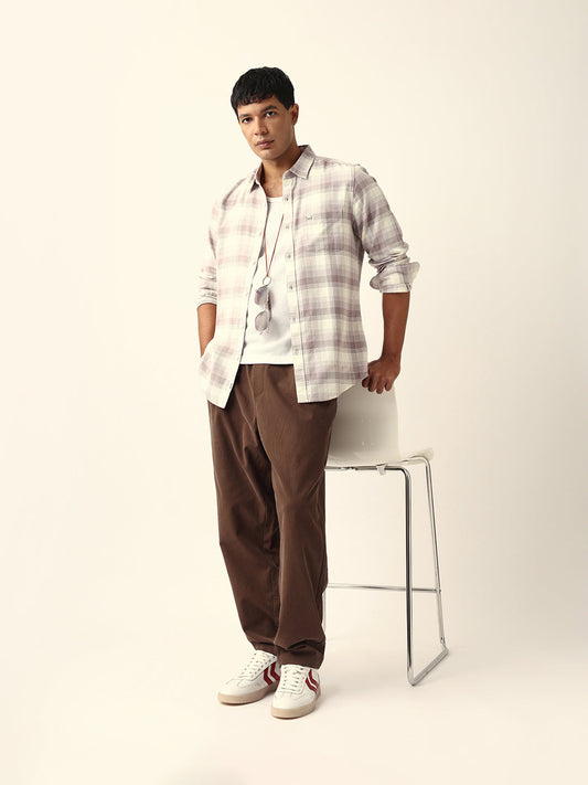 Pink with Cream Woven Checkered Slim Fit Casual Shirt