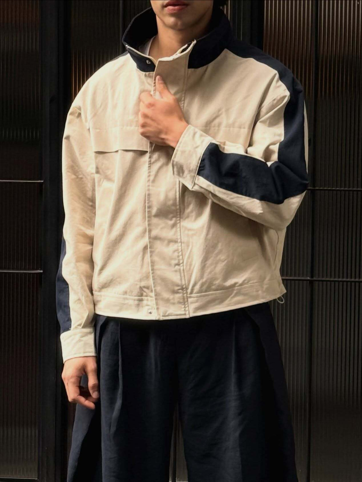 Cream and Navy Colorblock Utility Jacket