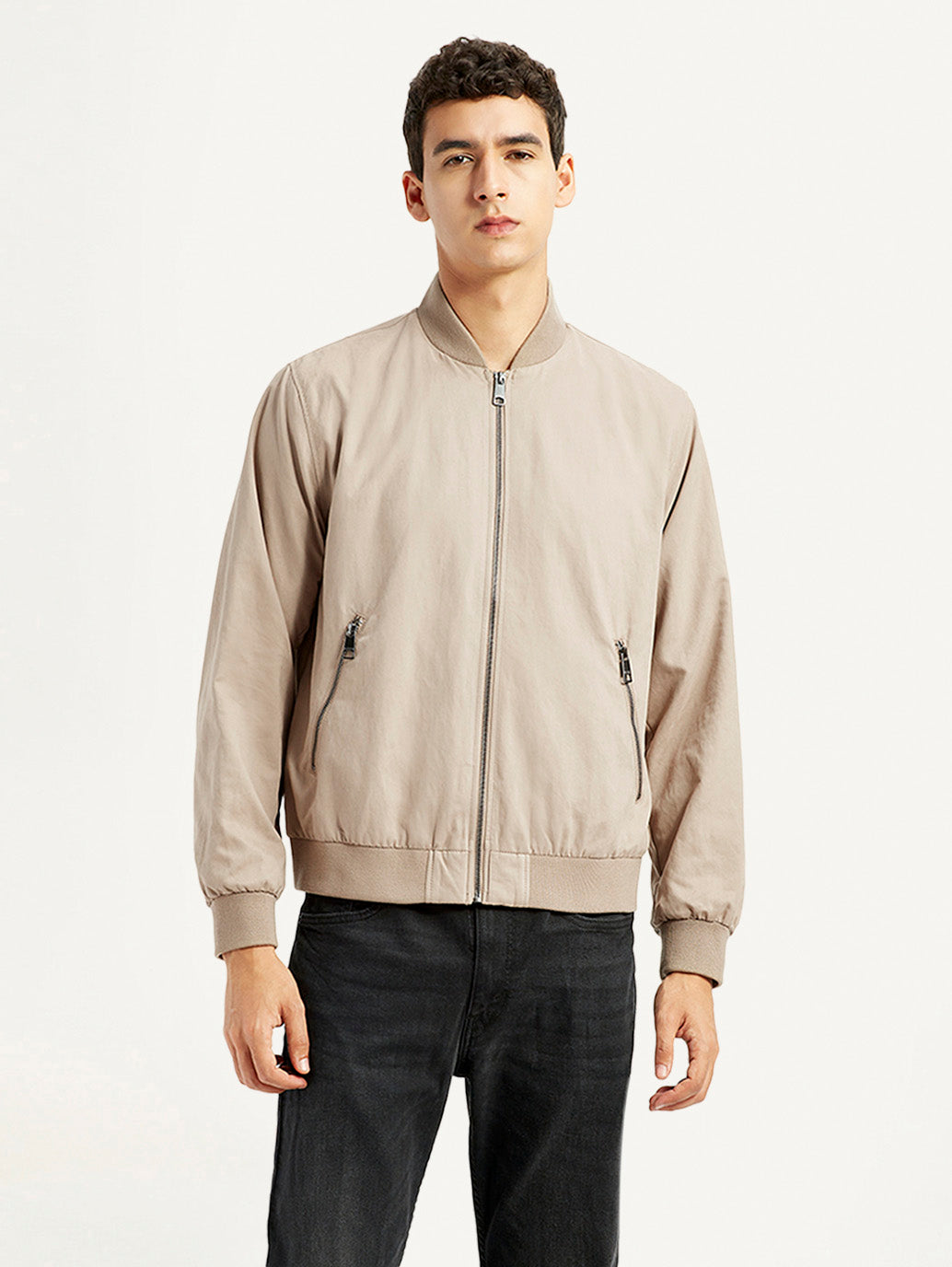 Men's Solid Beige Bomber Jacket