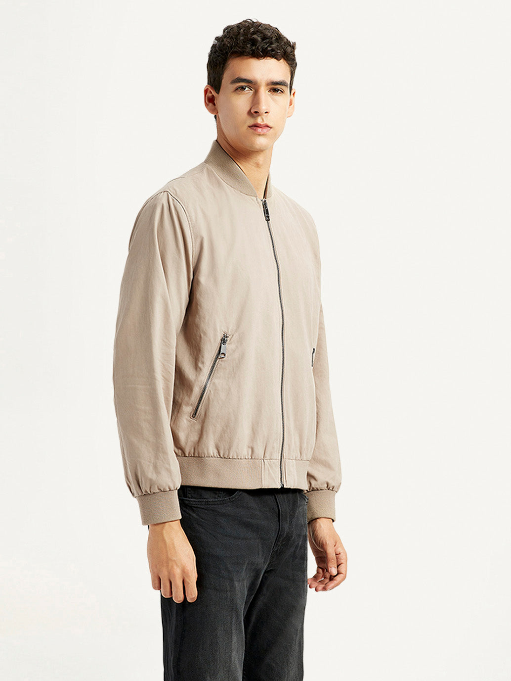 Men's Solid Beige Bomber Jacket