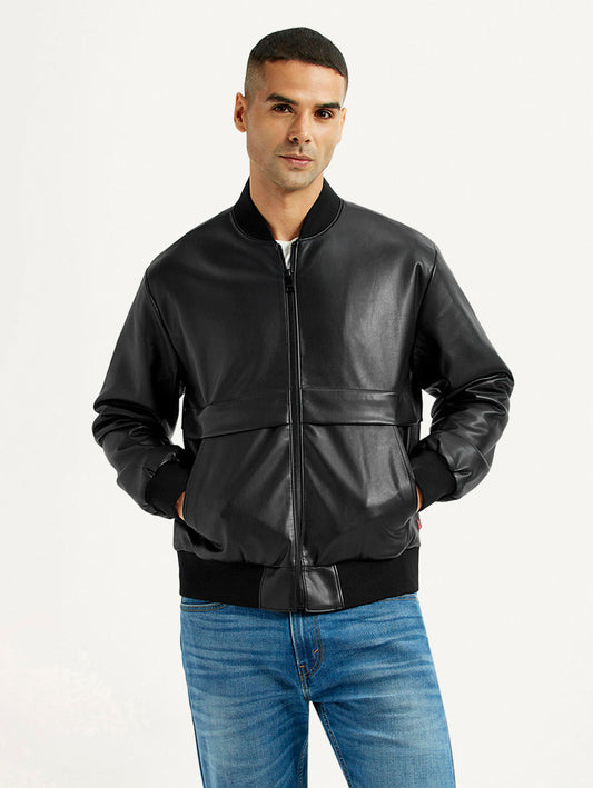 Men's Solid Black Bomber Jacket
