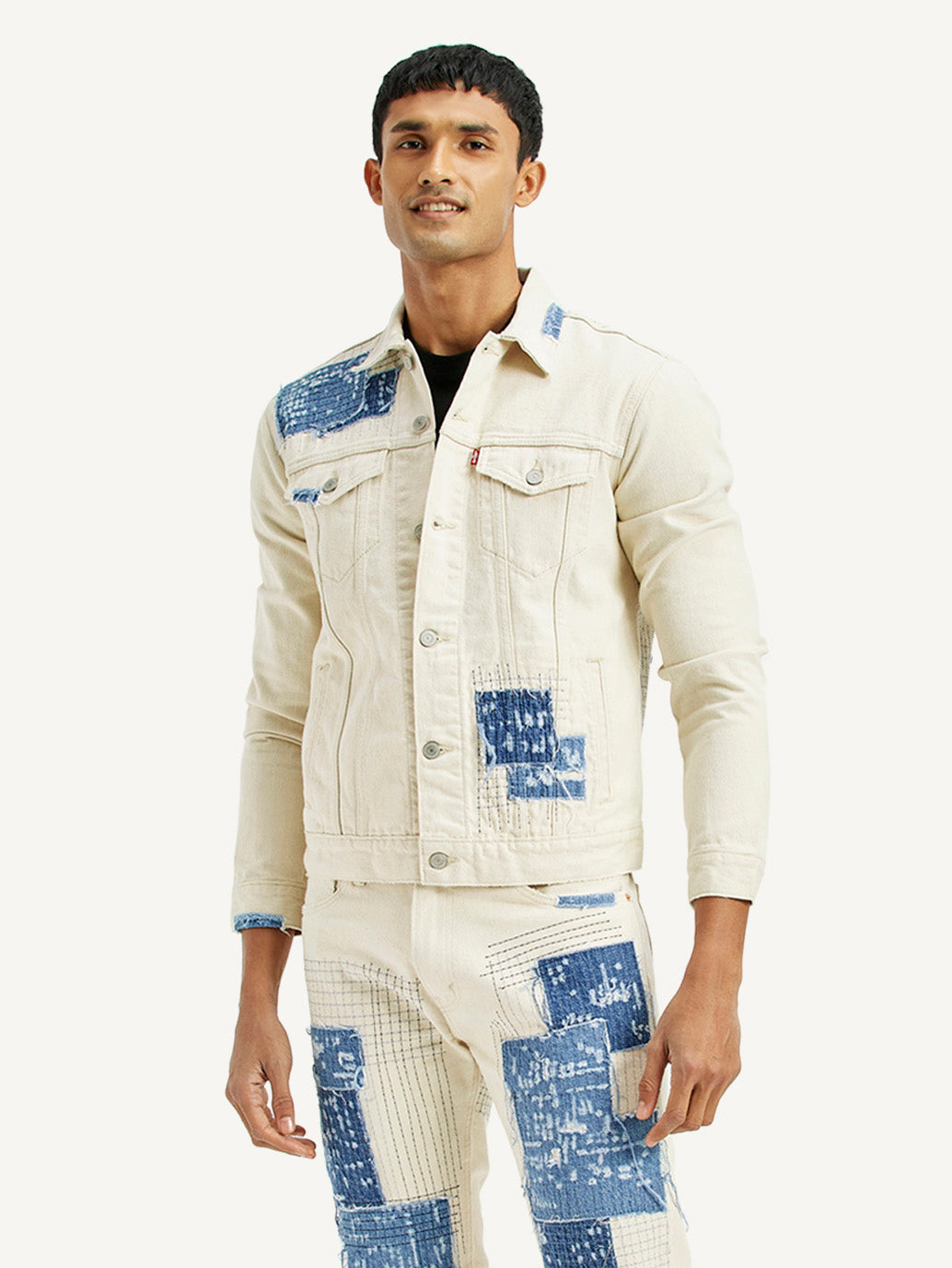 Men's Textured Off White Button Down Collar Jacket