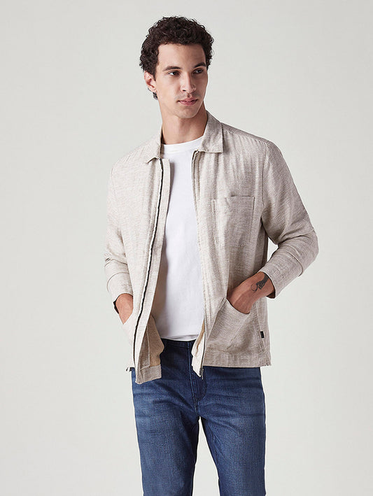 Men's Self Design Beige Linen Jacket
