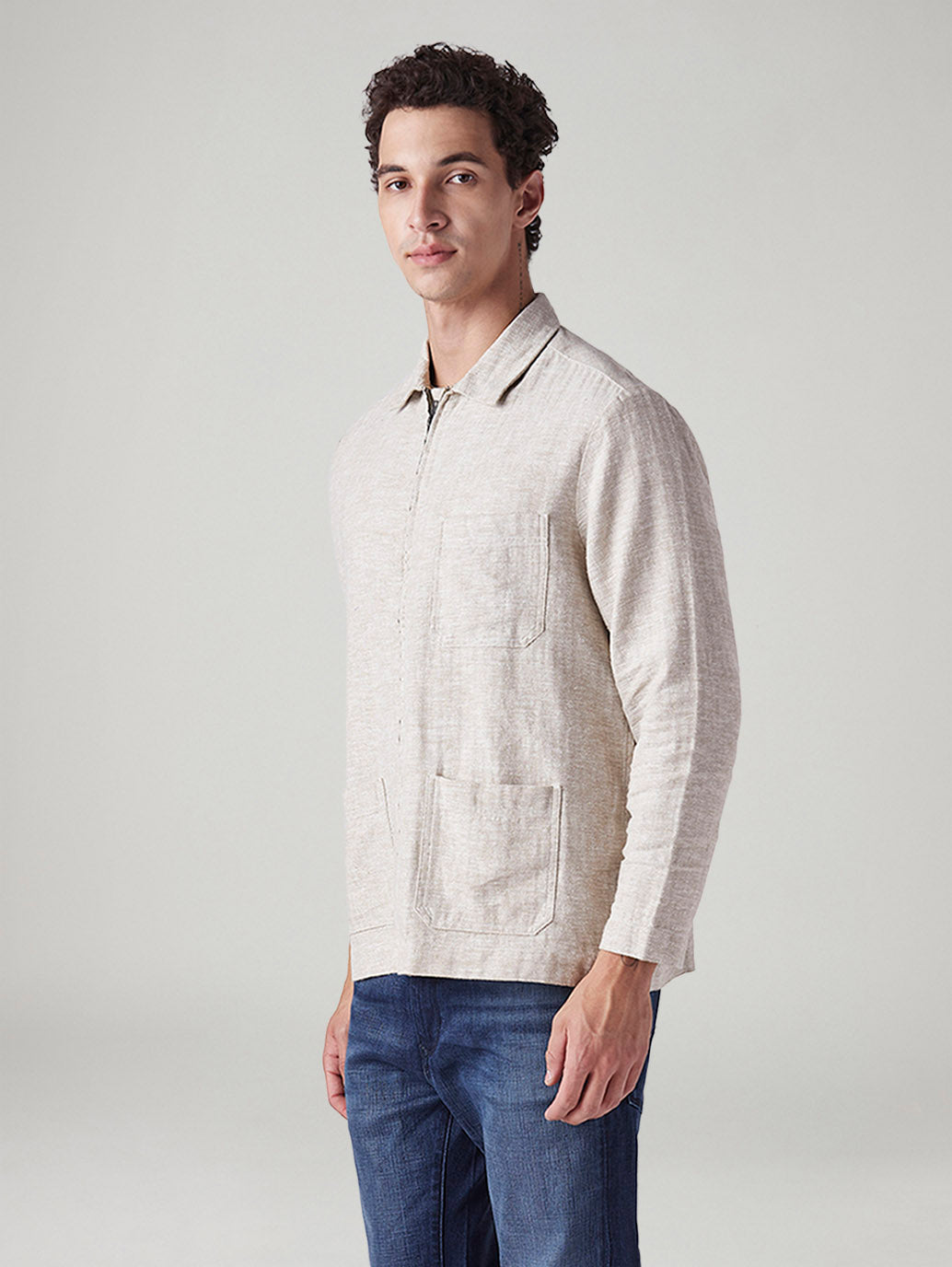 Men's Self Design Beige Linen Jacket