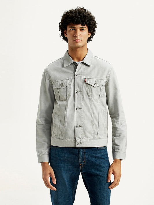Men's Solid Grey Spread Collar Linen Jacket