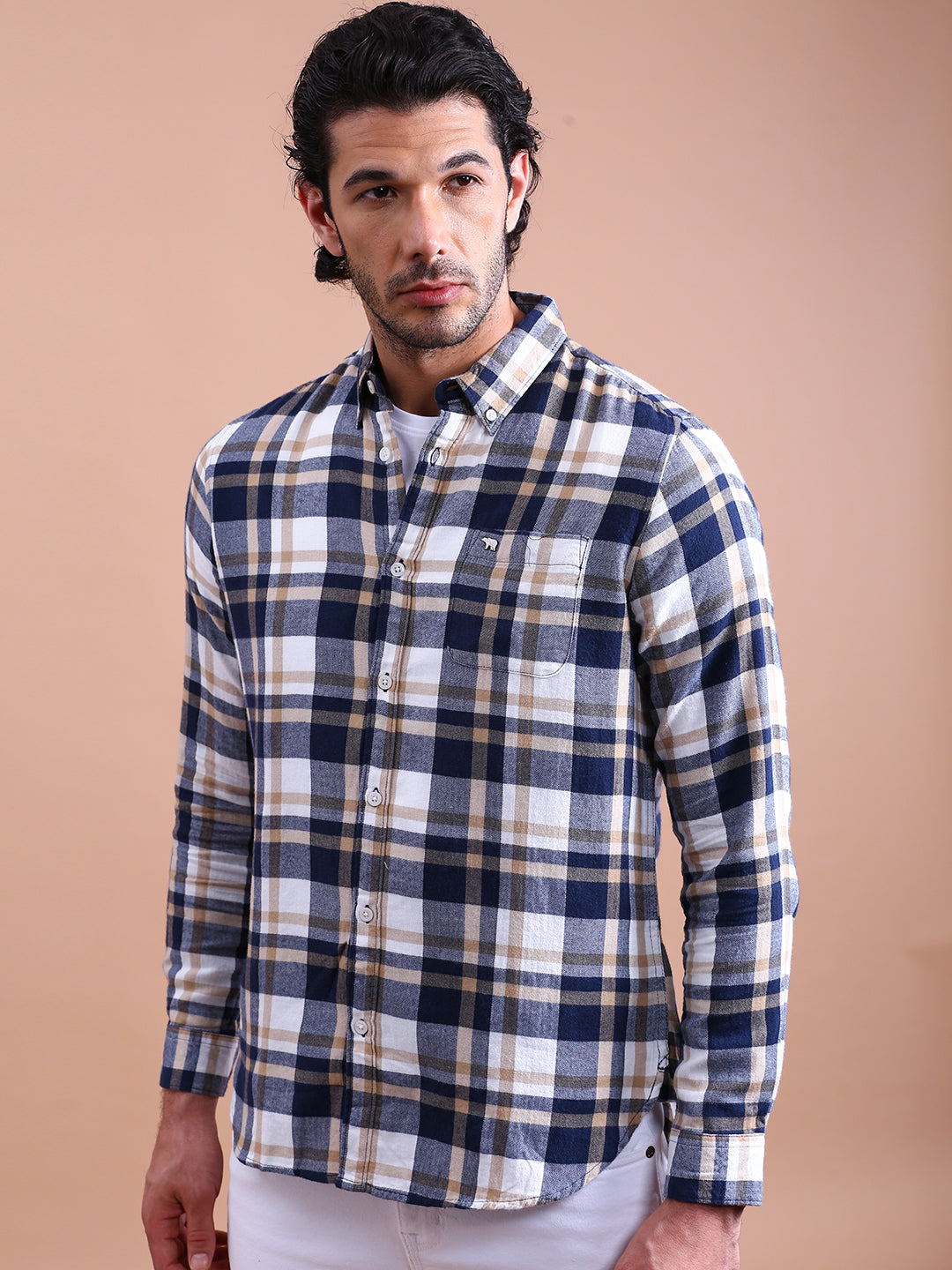 Men Blue & Grey Checks Slim Fit Cotton Casual Shirt