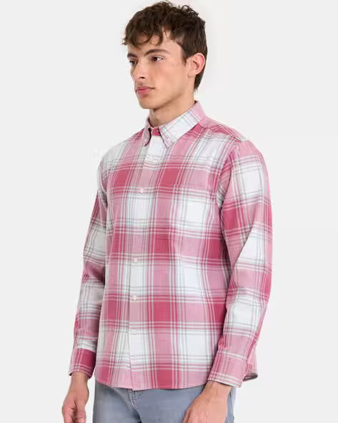 Men's Pink & White Checked Cotton Casual Shirt | Premium Regular Fit | Full Sleeve