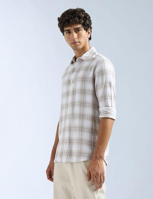Men's Beige Checked Casual Cotton Shirt