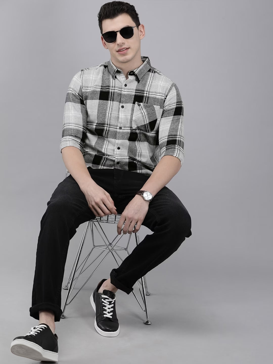 Men Slim Button-down Flannel Shirt