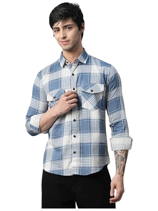 Men's Blue & White Checked Cotton Casual Shirt