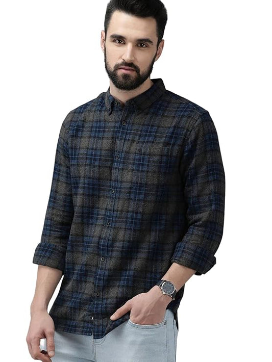 Men's Grey & Blue Checked Flannel Cotton Shirt
