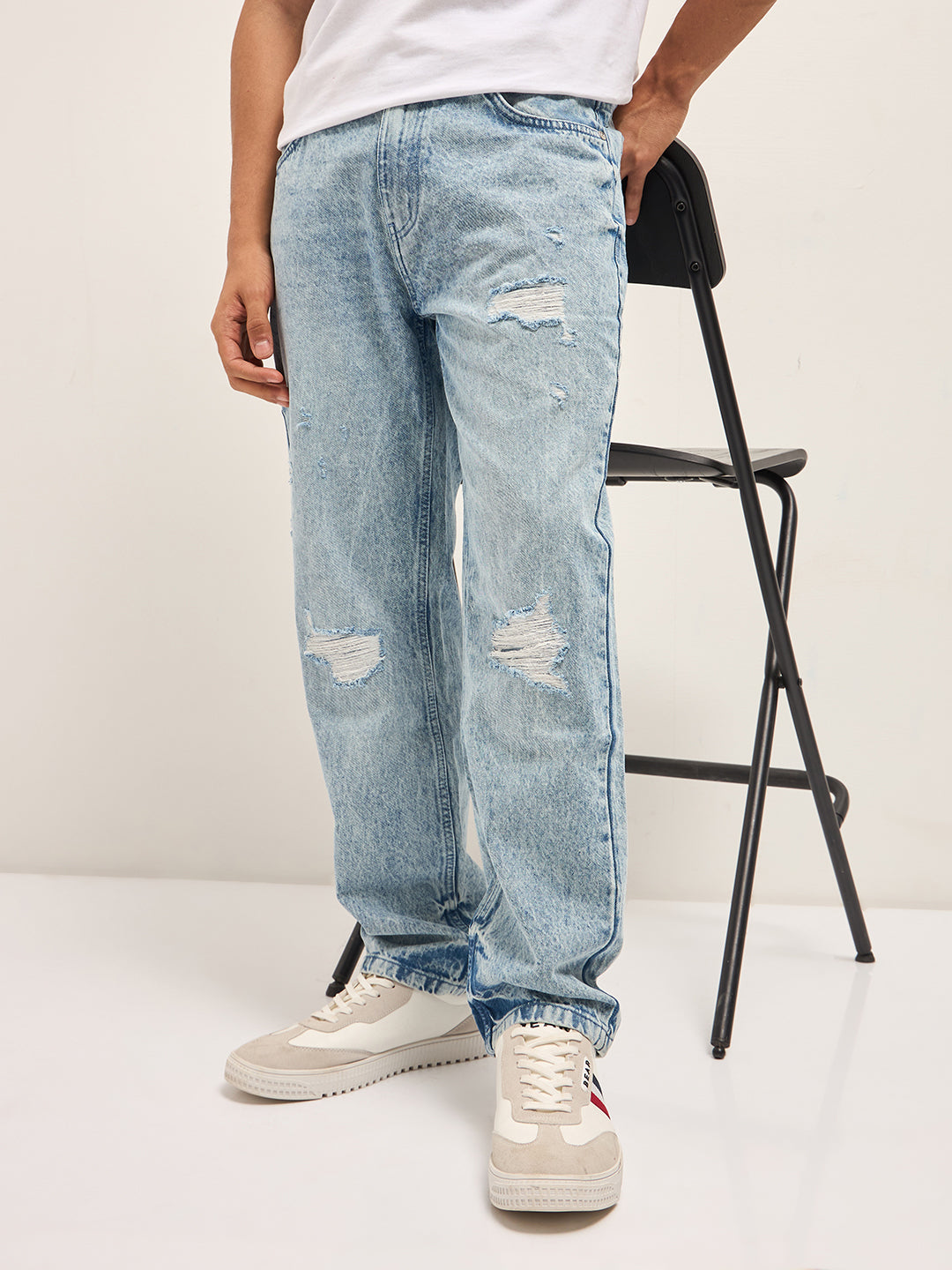 Light Blue with Light Fade Distressed Mid-Rise Straight Fit Jeans