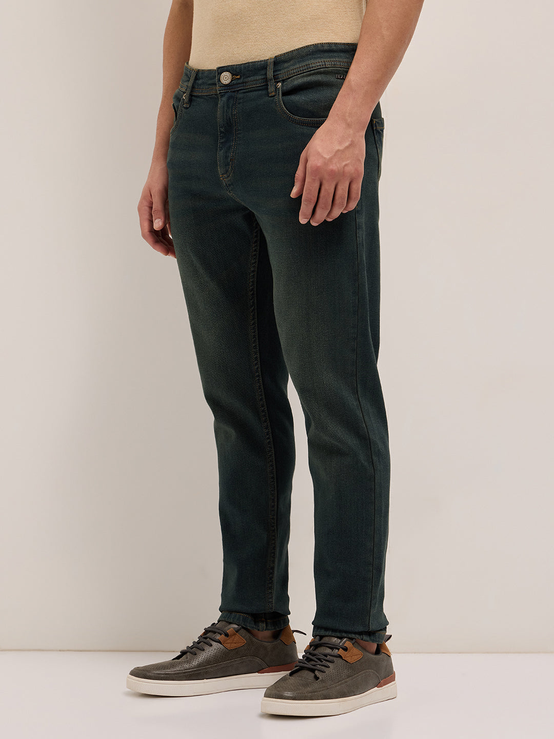 Dark Green Mid-Rise Slim Fit Jeans with Light Fade
