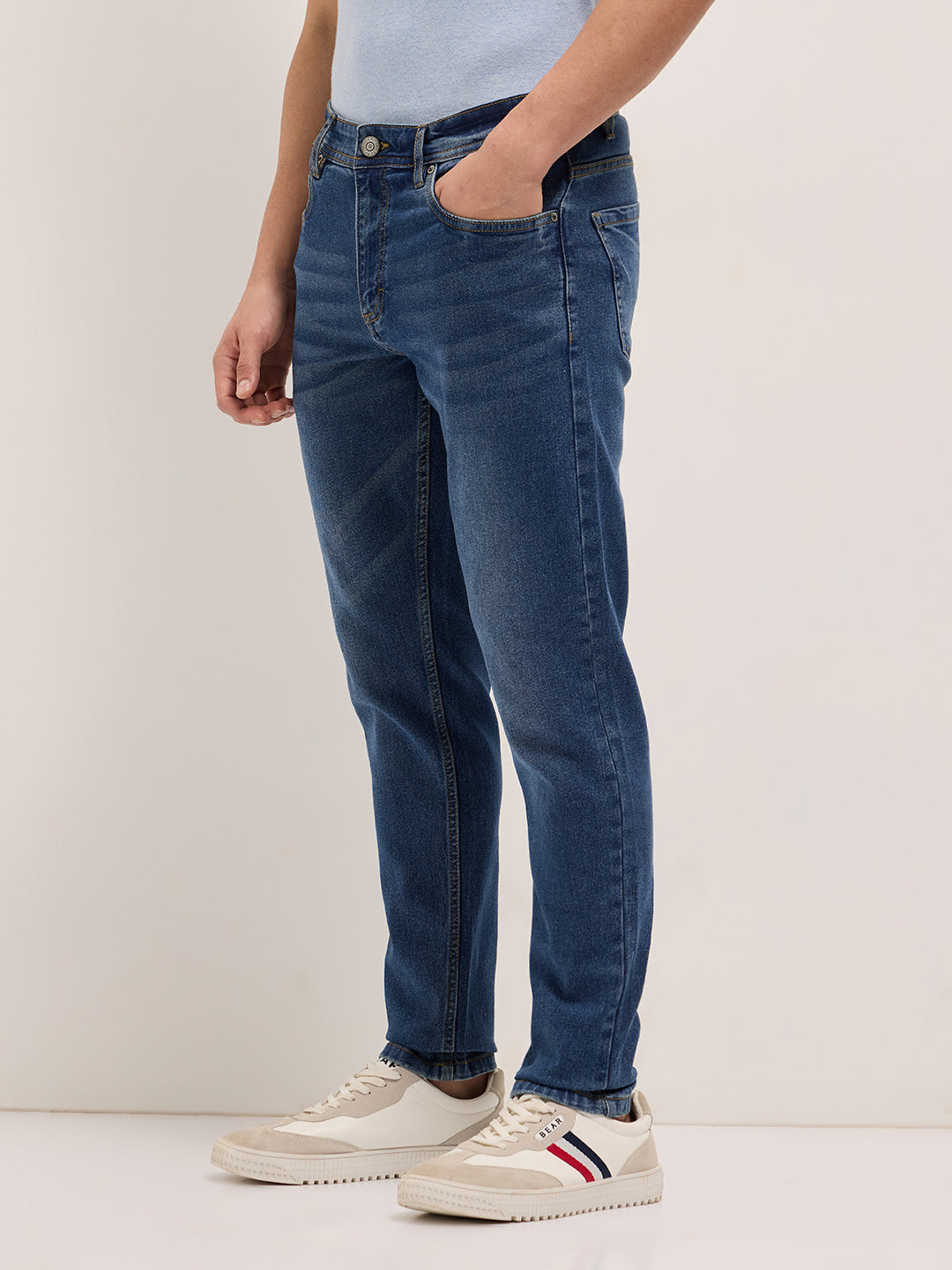 Mid Blue Mid-Rise Slim Fit Jeans with Light Fade