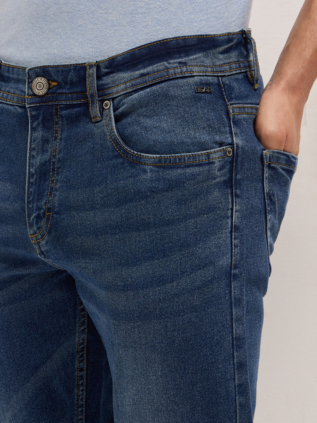 Mid Blue Mid-Rise Slim Fit Jeans with Light Fade