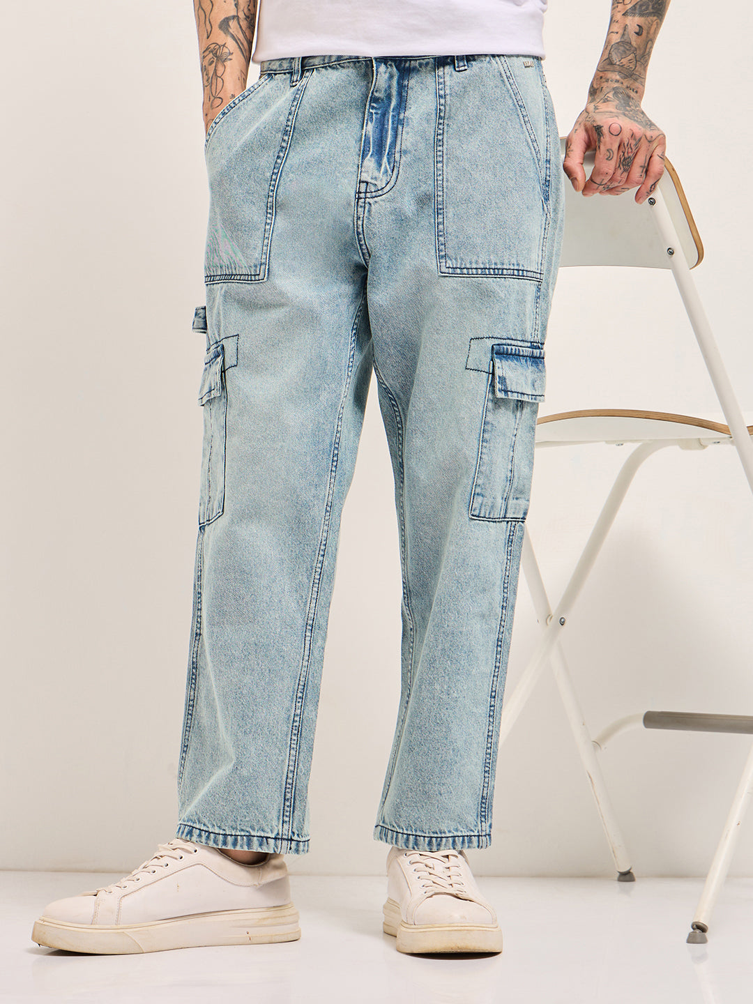 Light Blue with Mid Fade Mid-Rise Baggy Fit Cargo Jeans