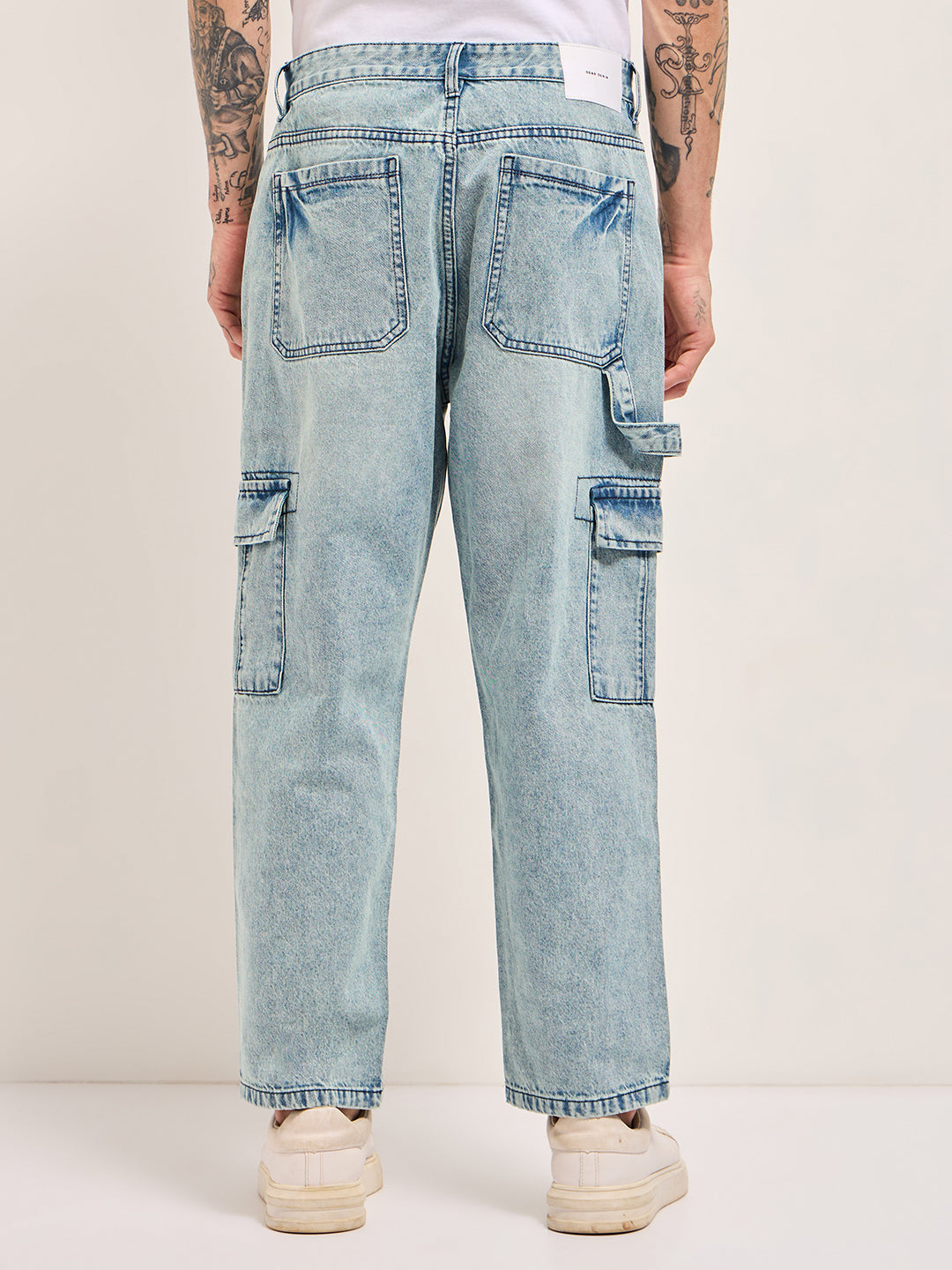 Light Blue with Mid Fade Mid-Rise Baggy Fit Cargo Jeans