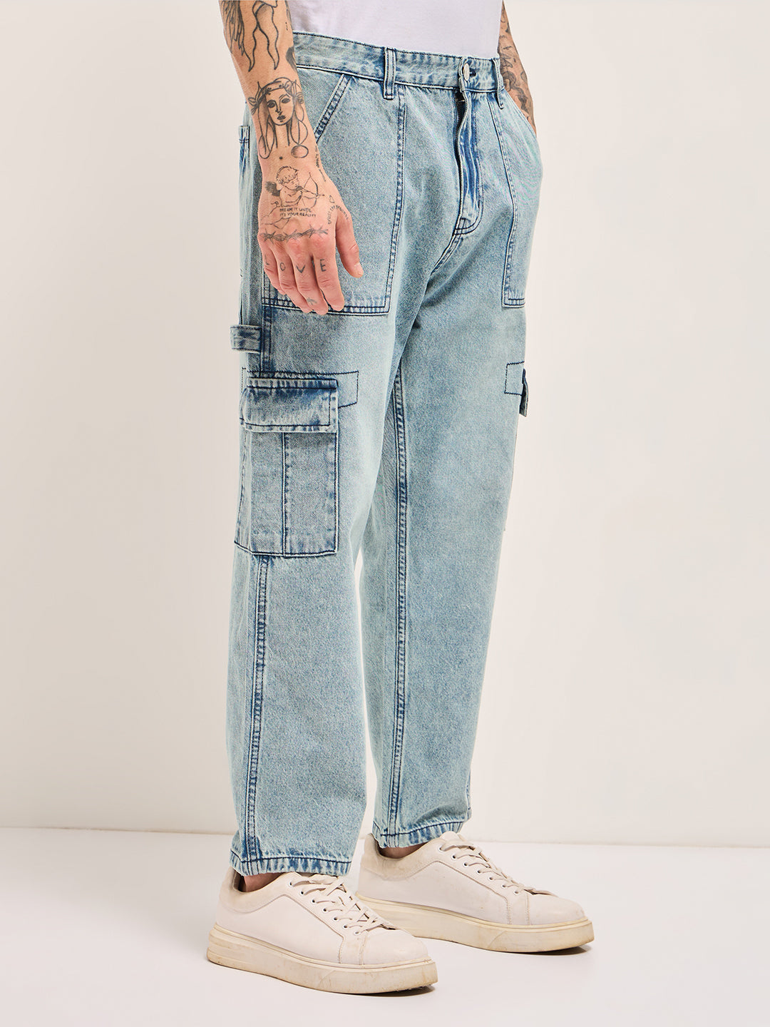 Light Blue with Mid Fade Mid-Rise Baggy Fit Cargo Jeans