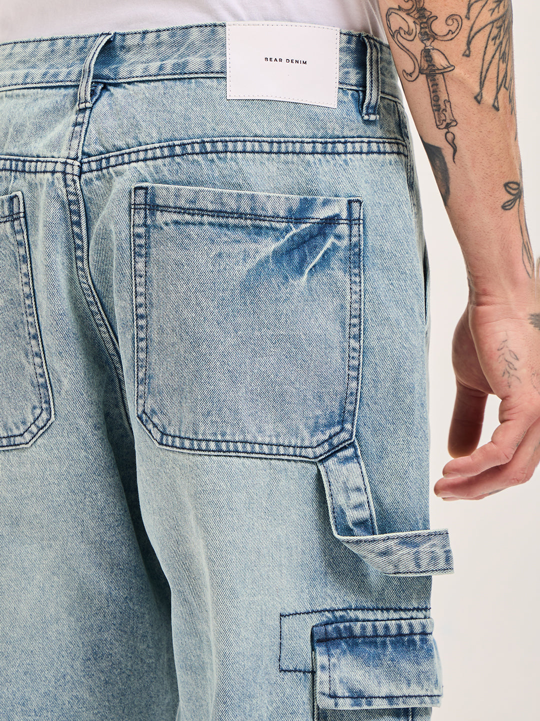 Light Blue with Mid Fade Mid-Rise Baggy Fit Cargo Jeans