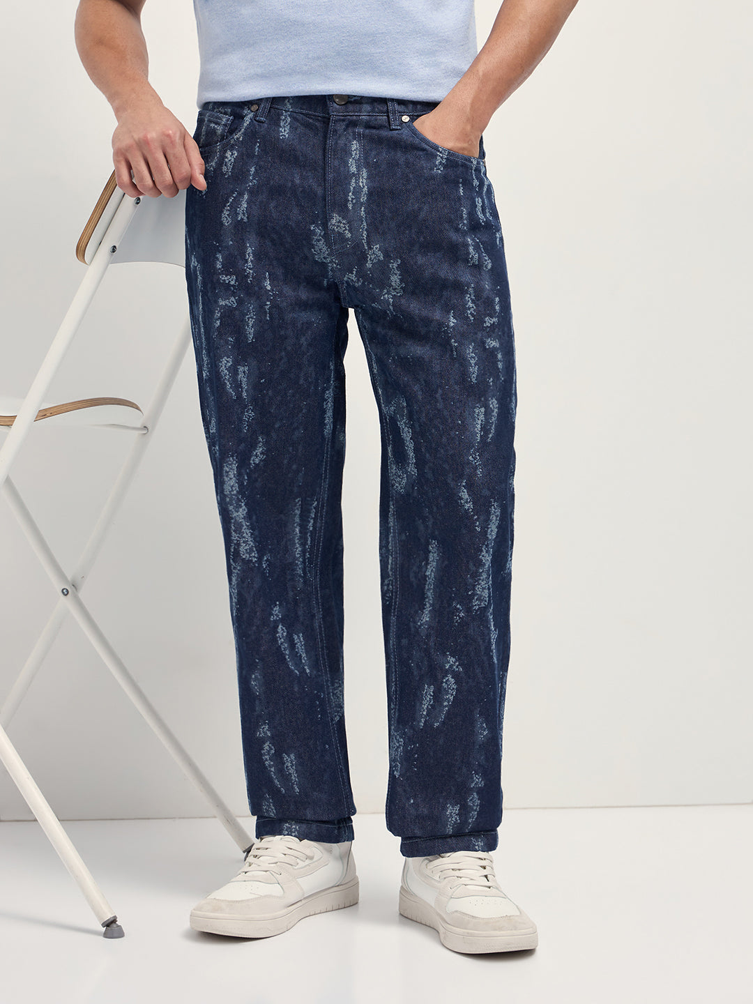 Blue Straight Fit Jeans with Bleached Effect