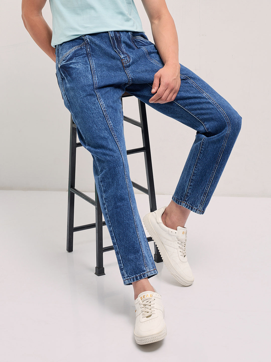 Mid Blue Mid-Rise Elasticated Waist Relaxed Fit Jeans