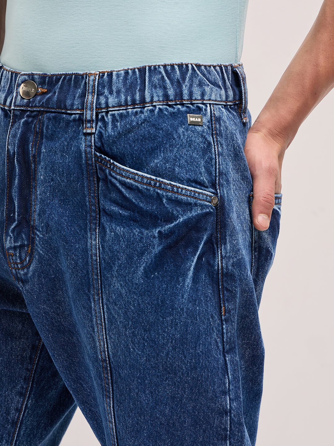 Mid Blue Mid-Rise Elasticated Waist Relaxed Fit Jeans