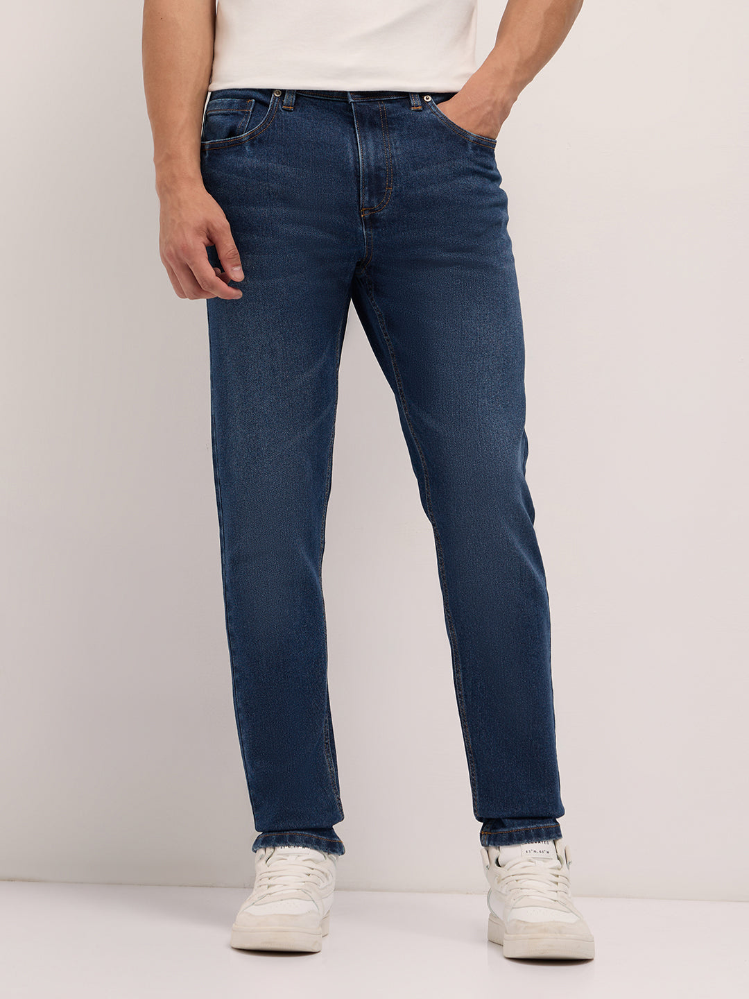 Mid Blue Mid-Rise Slim Fit Jeans with Light Fade