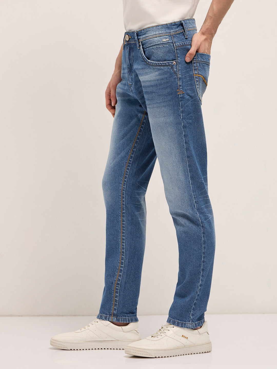 Mid Blue Mid-Rise Slim Fit Jeans with Mid Fade