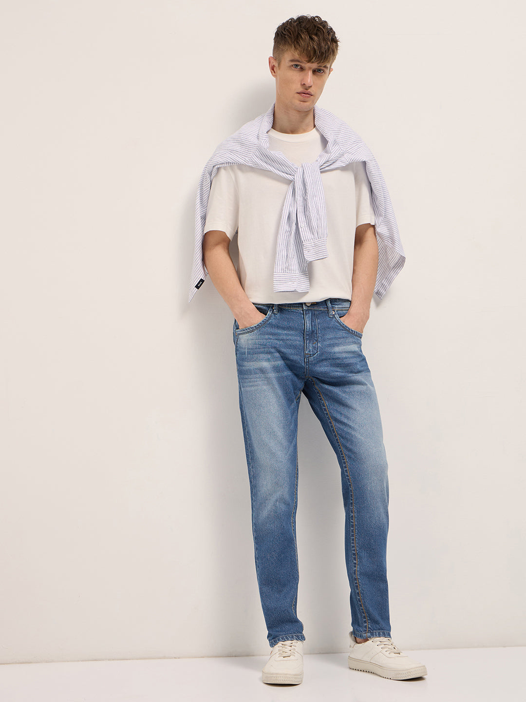Mid Blue Mid-Rise Slim Fit Jeans with Mid Fade